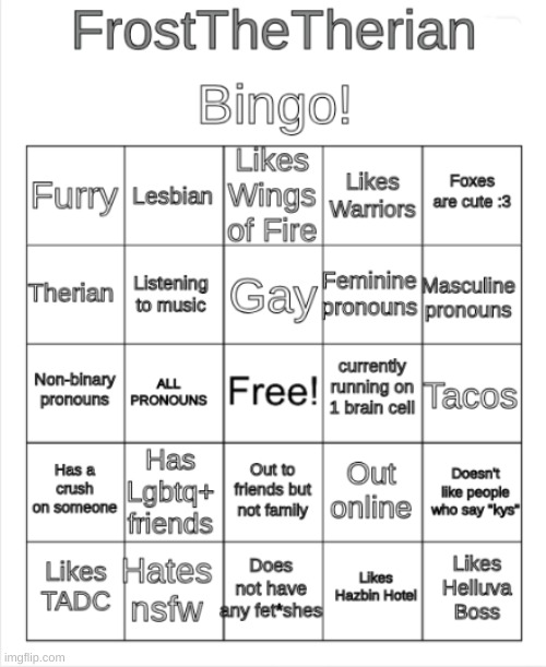 High Quality Frost the Therians bingo Blank Meme Template