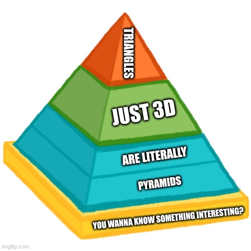 3d in 2d | TRIANGLES; JUST 3D; ARE LITERALLY; PYRAMIDS; YOU WANNA KNOW SOMETHING INTERESTING? | image tagged in pyramid,triangle,3d | made w/ Imgflip meme maker