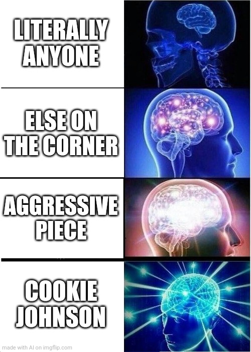 Cookie Johnson is the Petachad fr | LITERALLY ANYONE; ELSE ON THE CORNER; AGGRESSIVE PIECE; COOKIE JOHNSON | image tagged in memes,expanding brain,ai meme,ai,funny,random | made w/ Imgflip meme maker
