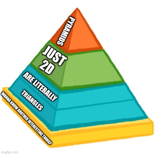 2d in 3d | PYRAMIDS; JUST 2D; ARE LITERALLY; TRIANGLES; WANNA KNOW ANOTHER INTERESTING THING? | image tagged in pyramid,triangle,3d | made w/ Imgflip meme maker