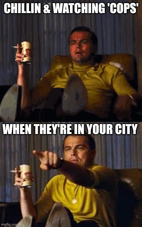 Whut cha ownadoo? | CHILLIN & WATCHING 'COPS'; WHEN THEY'RE IN YOUR CITY | image tagged in cops,tv,funny,united states | made w/ Imgflip meme maker