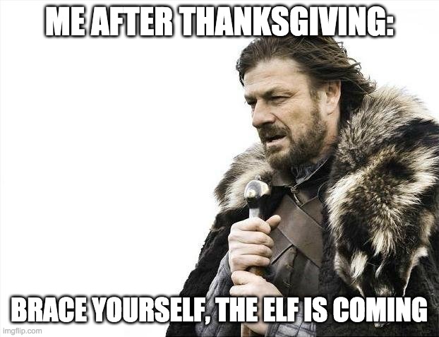 My elf comes every year on the day after thanksgiving | ME AFTER THANKSGIVING:; BRACE YOURSELF, THE ELF IS COMING | image tagged in memes,brace yourselves x is coming | made w/ Imgflip meme maker