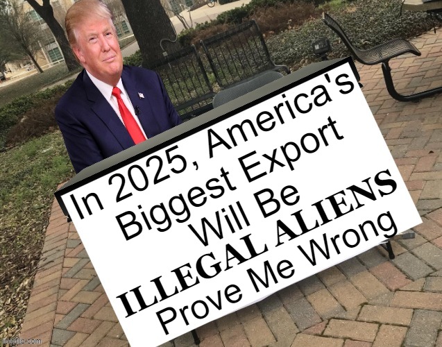 Do You Agree? | In 2025, America's 
Biggest Export 
Will Be; ILLEGAL ALIENS; Prove Me Wrong | image tagged in politics,donald trump,illegal aliens,opinions,upvote if you agree,political humor | made w/ Imgflip meme maker