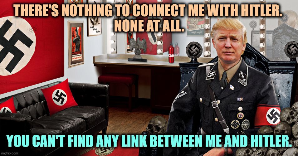 THERE'S NOTHING TO CONNECT ME WITH HITLER. 
NONE AT ALL. YOU CAN'T FIND ANY LINK BETWEEN ME AND HITLER. | image tagged in trump,hitler,white supremacy,loser | made w/ Imgflip meme maker