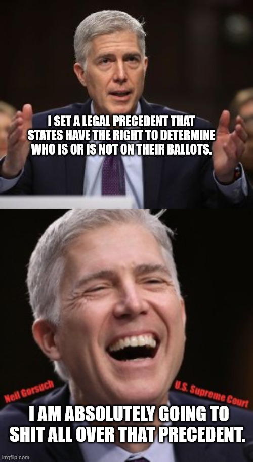 I SET A LEGAL PRECEDENT THAT STATES HAVE THE RIGHT TO DETERMINE WHO IS OR IS NOT ON THEIR BALLOTS. I AM ABSOLUTELY GOING TO SHIT ALL OVER THAT PRECEDENT. | image tagged in neil gorsuch u s supreme court | made w/ Imgflip meme maker