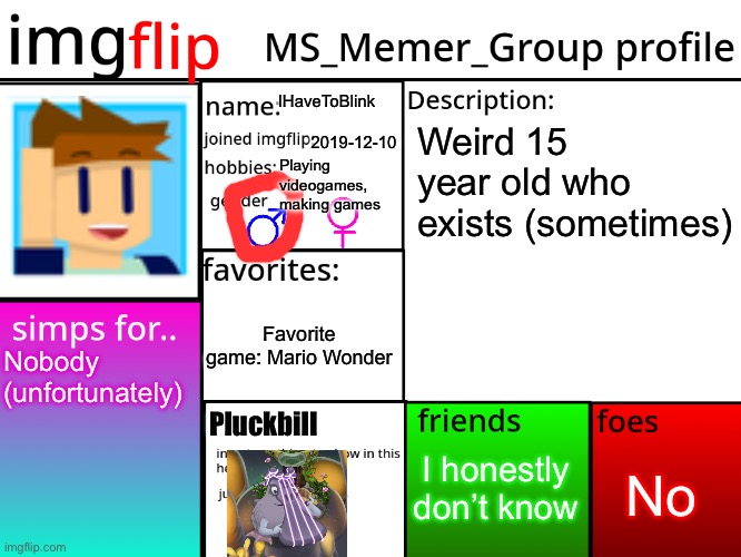 h | IHaveToBlink; Weird 15 year old who exists (sometimes); 2019-12-10; Playing videogames, making games; Favorite game: Mario Wonder; Nobody (unfortunately); Pluckbill; I honestly don’t know; No | image tagged in msmg profile | made w/ Imgflip meme maker