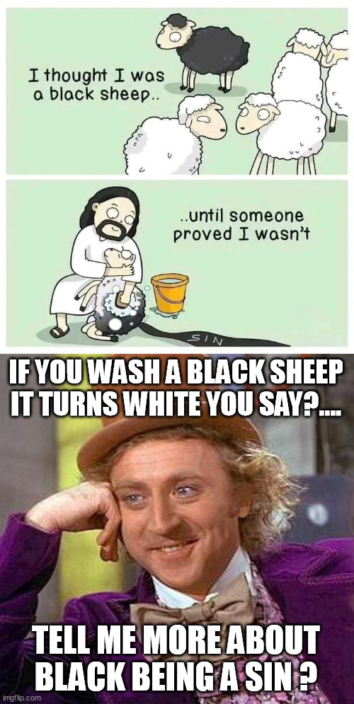 black sheep racist meme | IF YOU WASH A BLACK SHEEP IT TURNS WHITE YOU SAY?.... TELL ME MORE ABOUT BLACK BEING A SIN ? | image tagged in memes,creepy condescending wonka,black sheep,racist,wtf | made w/ Imgflip meme maker