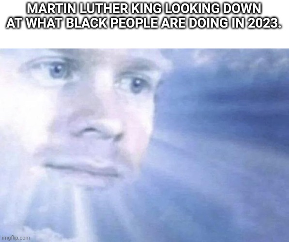 Mlk will be disapointed | MARTIN LUTHER KING LOOKING DOWN AT WHAT BLACK PEOPLE ARE DOING IN 2023. | image tagged in white guy staring from the sky | made w/ Imgflip meme maker