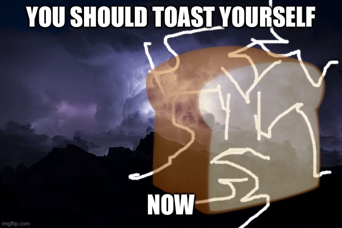 Use as reaction if you like bread | YOU SHOULD TOAST YOURSELF NOW | image tagged in low tier god background | made w/ Imgflip meme maker