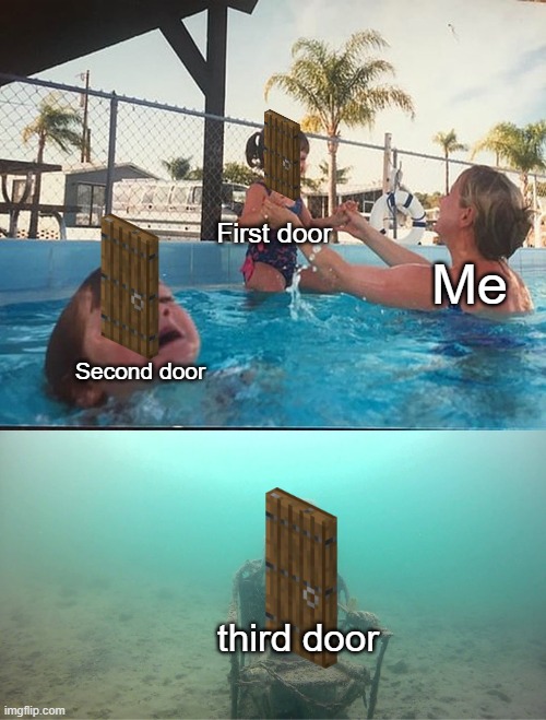 Me Playing Minecraft | First door; Me; Second door; third door | image tagged in mother ignoring kid drowning in a pool,minecraft | made w/ Imgflip meme maker