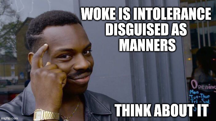 Roll Safe Think About It Meme | WOKE IS INTOLERANCE 
DISGUISED AS 
MANNERS; THINK ABOUT IT | image tagged in memes,roll safe think about it | made w/ Imgflip meme maker
