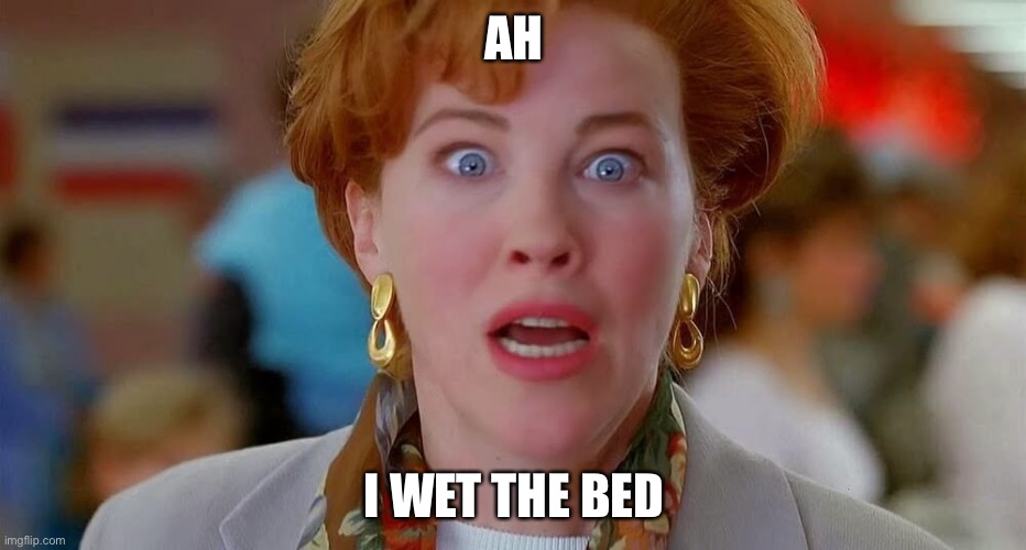 oh shoot | AH; I WET THE BED | image tagged in home alone we forgot kevin | made w/ Imgflip meme maker