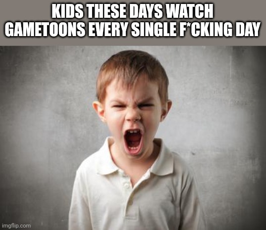 angry kid | KIDS THESE DAYS WATCH GAMETOONS EVERY SINGLE F*CKING DAY | image tagged in angry kid | made w/ Imgflip meme maker