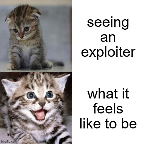 dont be one | seeing an exploiter; what it feels like to be | image tagged in sad cat to happy cat,yes,roblox | made w/ Imgflip meme maker