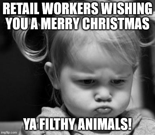 when ou have to work over xmas | RETAIL WORKERS WISHING YOU A MERRY CHRISTMAS; YA FILTHY ANIMALS! | image tagged in sulky kid,retail,xmas | made w/ Imgflip meme maker