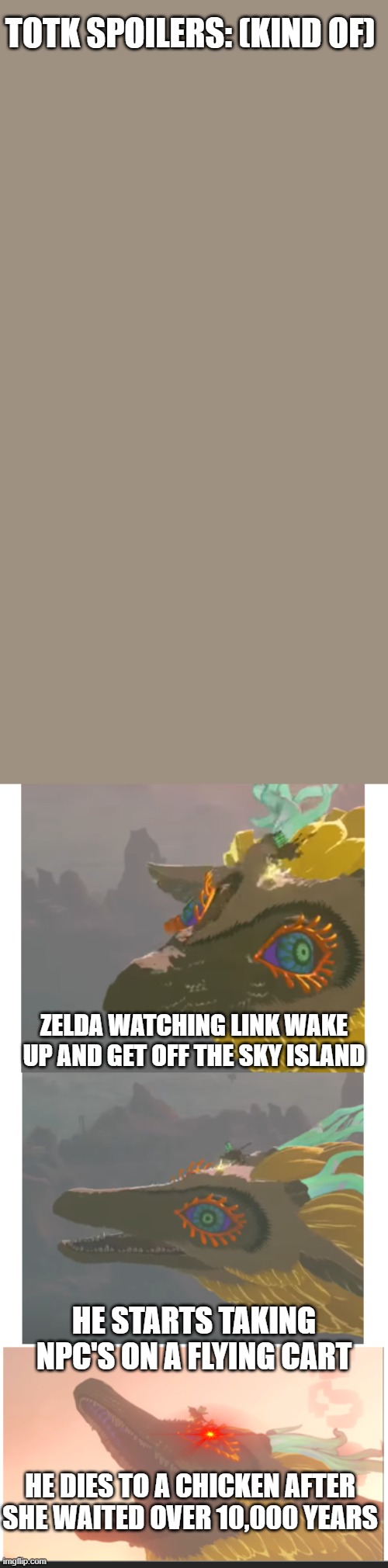 bad pun light dragon | TOTK SPOILERS: (KIND OF); ZELDA WATCHING LINK WAKE UP AND GET OFF THE SKY ISLAND; HE STARTS TAKING NPC'S ON A FLYING CART; HE DIES TO A CHICKEN AFTER SHE WAITED OVER 10,000 YEARS | image tagged in bad pun light dragon | made w/ Imgflip meme maker
