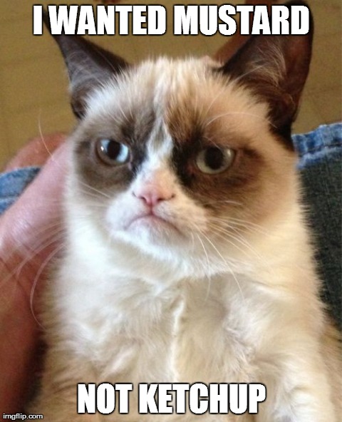 Grumpy Cat Meme | I WANTED MUSTARD NOT KETCHUP | image tagged in memes,grumpy cat | made w/ Imgflip meme maker