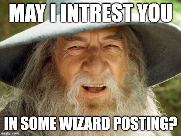 WIZARD POSTING 25 | MAY I INTREST YOU; IN SOME WIZARD POSTING? | image tagged in a wizard is never late | made w/ Imgflip meme maker