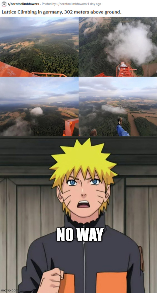 Naruto meet lattice climber | NO WAY | image tagged in naruto meet lattice climbing,naruto,meme,template,lattice climbing,naruto shippuden | made w/ Imgflip meme maker