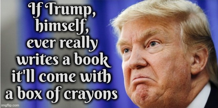 A) Because Trump Can't Read Or Write or B) Because He Thinks His Base Are Crayon People | If Trump, himself, ever really writes a book; it'll come with a box of crayons | image tagged in trump mad,scumbag trump,lock him up,trump lies,memes,trump is an asshole | made w/ Imgflip meme maker