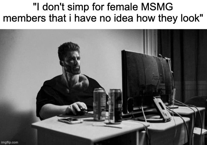 repost if you relate | "I don't simp for female MSMG members that i have no idea how they look" | image tagged in gigachad on the computer | made w/ Imgflip meme maker