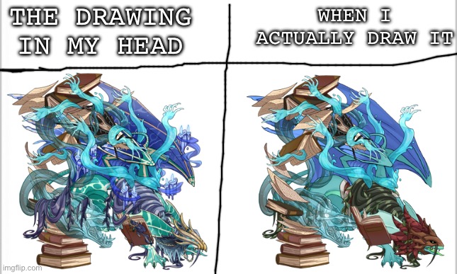Noticed this with my plan and the current version of my dragon and decided to make a meme like this | THE DRAWING IN MY HEAD; WHEN I ACTUALLY DRAW IT | image tagged in white background,why do you need tags | made w/ Imgflip meme maker