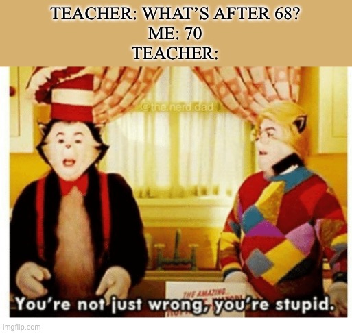 You stupid | TEACHER: WHAT’S AFTER 68?
ME: 70
TEACHER: | image tagged in you're not just wrong your stupid | made w/ Imgflip meme maker