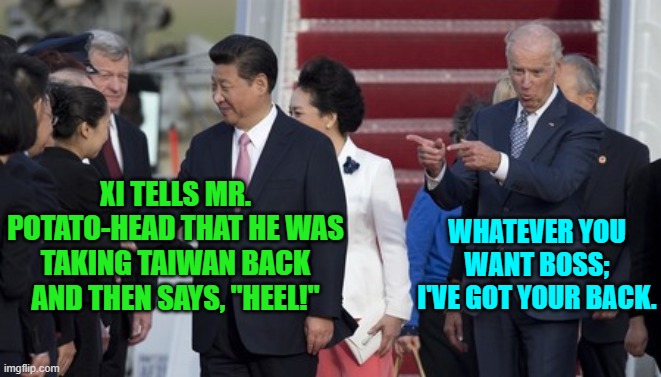Gives new meaning to the term . . . spineless. | WHATEVER YOU WANT BOSS; I'VE GOT YOUR BACK. XI TELLS MR. POTATO-HEAD THAT HE WAS TAKING TAIWAN BACK AND THEN SAYS, "HEEL!" | image tagged in yep | made w/ Imgflip meme maker