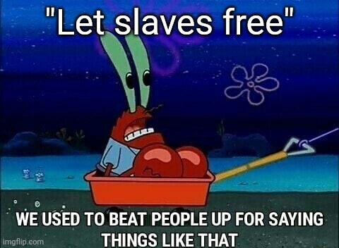 Mr. Krabs We used to beat people up for saying things like that | "Let slaves free" | image tagged in mr krabs we used to beat people up for saying things like that | made w/ Imgflip meme maker