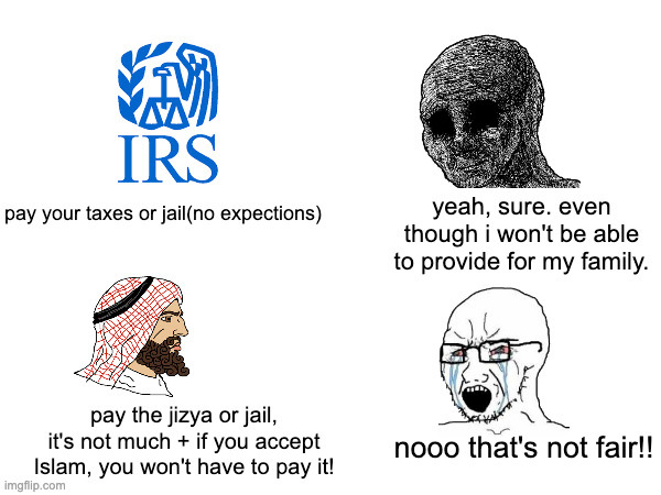 o yeah if you're not finacianly able and you're non muslim, you don't have to pay it. | made w/ Imgflip meme maker