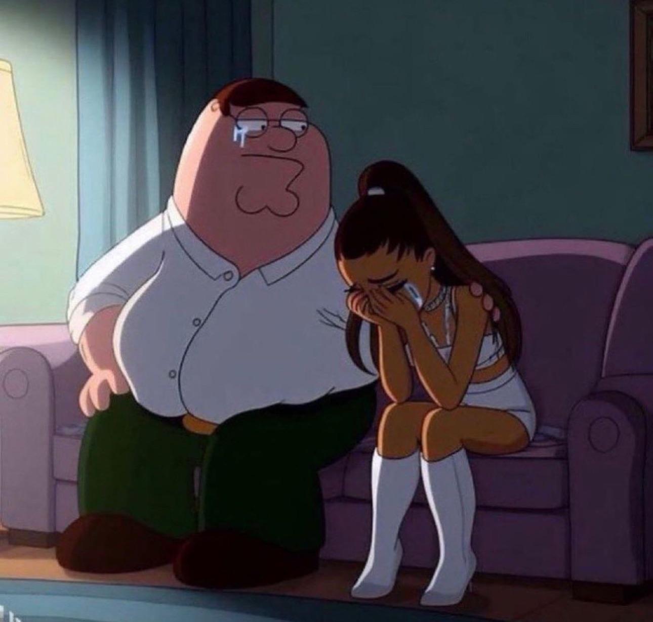 High Quality Peter Griffin Comforting Ariana Grande Crying On Couch meme Blank Meme Template