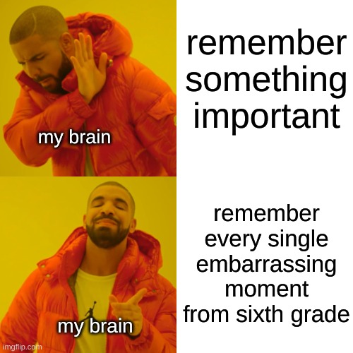 Fun | remember something important; my brain; remember every single embarrassing moment from sixth grade; my brain | image tagged in memes,drake hotline bling,brain,dies from cringe,sixth grade,middle school | made w/ Imgflip meme maker