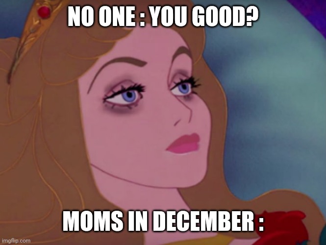 Moms in December | NO ONE : YOU GOOD? MOMS IN DECEMBER : | image tagged in sleeping beauty,merry christmas | made w/ Imgflip meme maker