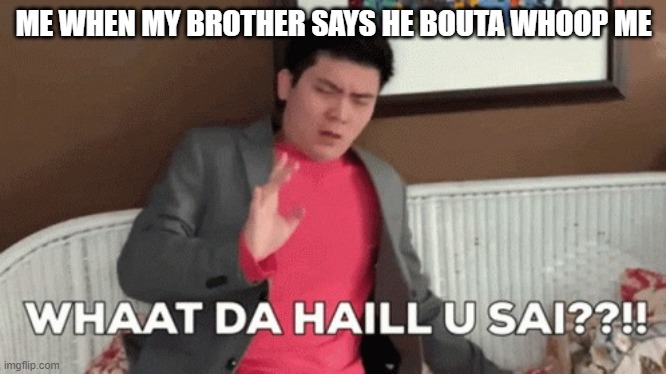 Title is gone | ME WHEN MY BROTHER SAYS HE BOUTA WHOOP ME | image tagged in steven he what da hail u sai | made w/ Imgflip meme maker