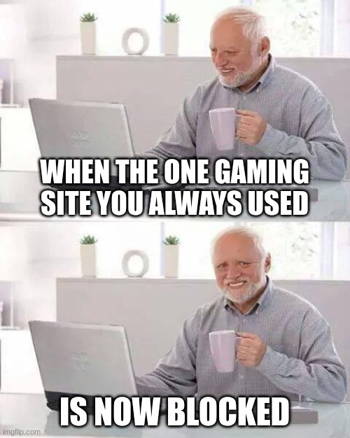 so true man | WHEN THE ONE GAMING SITE YOU ALWAYS USED; IS NOW BLOCKED | image tagged in memes,hide the pain harold | made w/ Imgflip meme maker