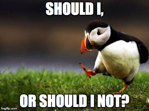 Unpopular Opinion Puffin Meme | SHOULD I, OR SHOULD I NOT? | image tagged in memes,unpopular opinion puffin | made w/ Imgflip meme maker