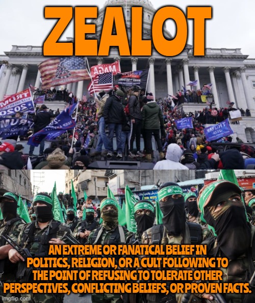 Z  E  A  L  O  T | ZEALOT; AN EXTREME OR FANATICAL BELIEF IN POLITICS, RELIGION, OR A CULT FOLLOWING TO THE POINT OF REFUSING TO TOLERATE OTHER PERSPECTIVES, CONFLICTING BELIEFS, OR PROVEN FACTS. | image tagged in zealot,extremist,fanatic,terrorist,bigot,cult | made w/ Imgflip meme maker