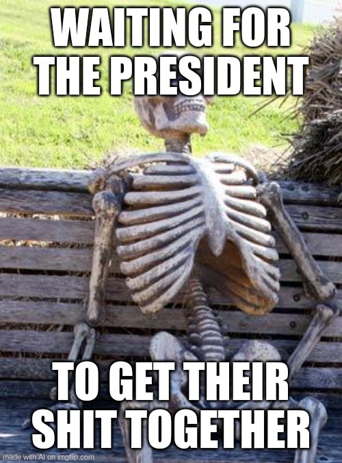 Real | WAITING FOR THE PRESIDENT; TO GET THEIR SHIT TOGETHER | image tagged in memes,waiting skeleton | made w/ Imgflip meme maker