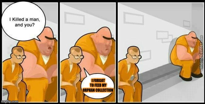 prisoners blank | I FORGOT TO FEED MY ORPHAN COLLECTION | image tagged in prisoners blank | made w/ Imgflip meme maker