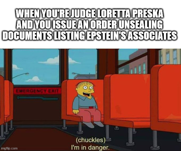 Pray for Judge Loretta Preska's safety. | WHEN YOU'RE JUDGE LORETTA PRESKA AND YOU ISSUE AN ORDER UNSEALING DOCUMENTS LISTING EPSTEIN'S ASSOCIATES | image tagged in i'm in danger blank place above | made w/ Imgflip meme maker