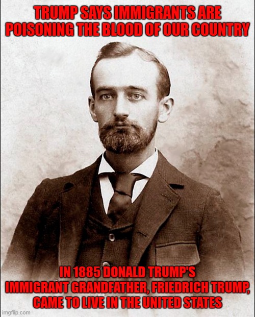 Donald Trump's Hypocrisy | TRUMP SAYS IMMIGRANTS ARE POISONING THE BLOOD OF OUR COUNTRY; IN 1885 DONALD TRUMP'S IMMIGRANT GRANDFATHER, FRIEDRICH TRUMP, CAME TO LIVE IN THE UNITED STATES | image tagged in donald trump,ancestor,immigrant,hypocrisy | made w/ Imgflip meme maker