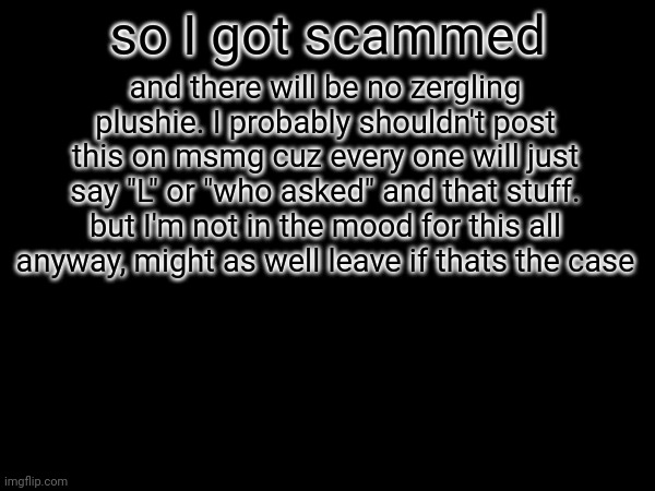and there will be no zergling plushie. I probably shouldn't post this on msmg cuz every one will just say "L" or "who asked" and that stuff. but I'm not in the mood for this all anyway, might as well leave if thats the case; so I got scammed | made w/ Imgflip meme maker
