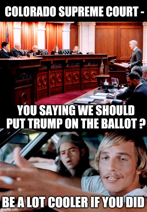 Unconstitutional and By the People | COLORADO SUPREME COURT -; YOU SAYING WE SHOULD PUT TRUMP ON THE BALLOT ? BE A LOT COOLER IF YOU DID | image tagged in leftists,judge,liberals,democrats | made w/ Imgflip meme maker