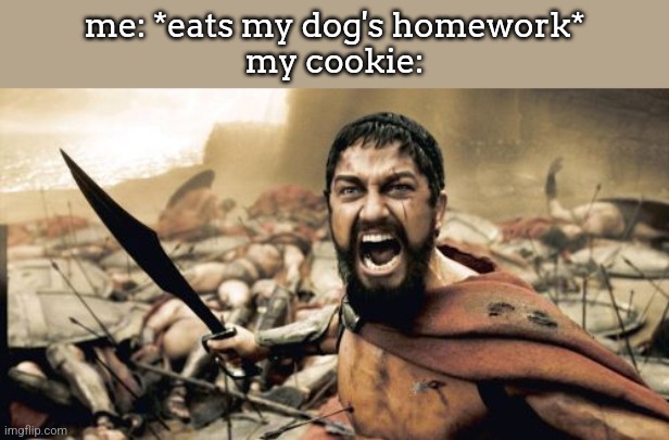 Sparta Leonidas | me: *eats my dog's homework*
my cookie: | image tagged in memes,sparta leonidas | made w/ Imgflip meme maker