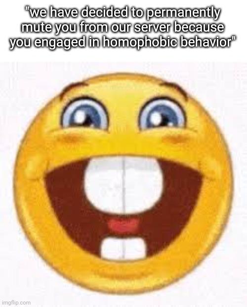 dumbass emoji | "we have decided to permanently mute you from our server because you engaged in homophobic behavior" | image tagged in dumbass emoji | made w/ Imgflip meme maker