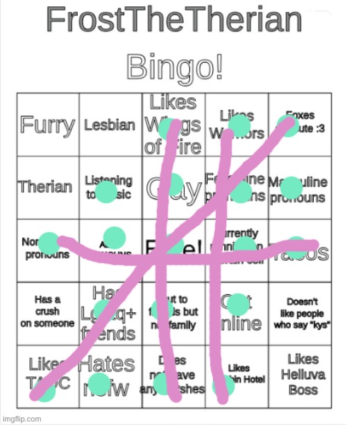 I’m legally not allowed to hit “has a crush” because we’re married but he doesn’t know it yet | image tagged in frost the therians bingo | made w/ Imgflip meme maker