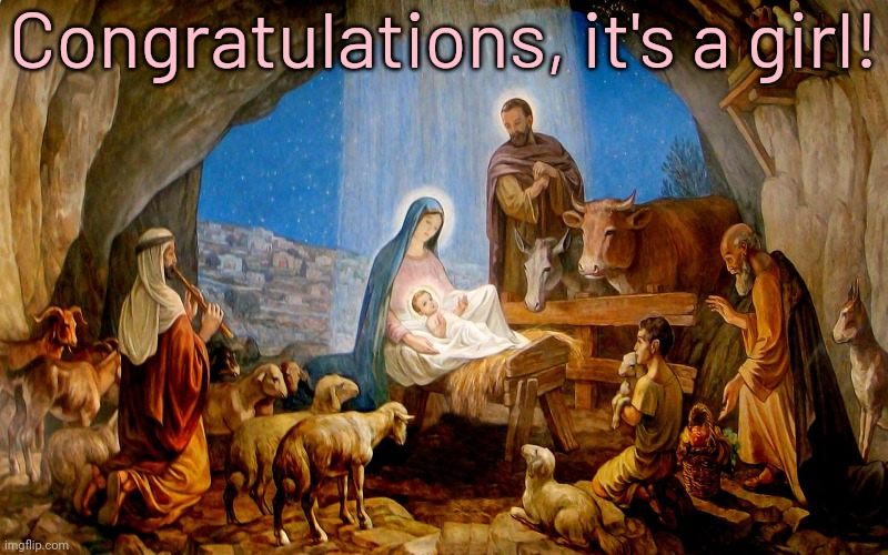 Would people have worshipped her? | Congratulations, it's a girl! | image tagged in the nativity,merry christmas,humor memes,gender reveal,dear lord baby jesus | made w/ Imgflip meme maker