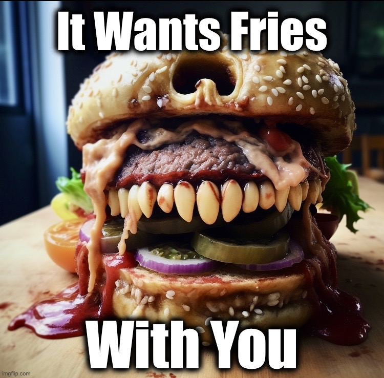 Don’t taunt it | It Wants Fries; With You | image tagged in burger,french fries,memes,don't touch my food,vegetarian,what the hell is this | made w/ Imgflip meme maker