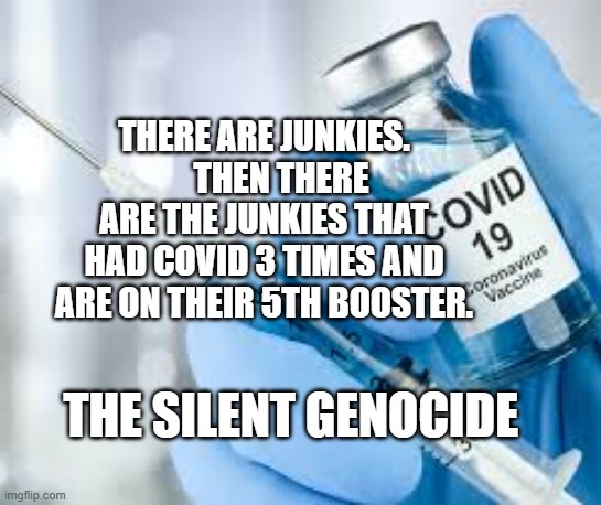 Covid vaccine | THERE ARE JUNKIES.      THEN THERE ARE THE JUNKIES THAT HAD COVID 3 TIMES AND ARE ON THEIR 5TH BOOSTER. THE SILENT GENOCIDE | image tagged in covid vaccine | made w/ Imgflip meme maker