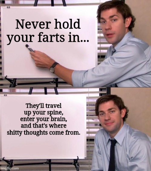 Jim Halpert Explains | Never hold your farts in... They'll travel up your spine, enter your brain, and that's where shitty thoughts come from. | image tagged in jim halpert explains | made w/ Imgflip meme maker